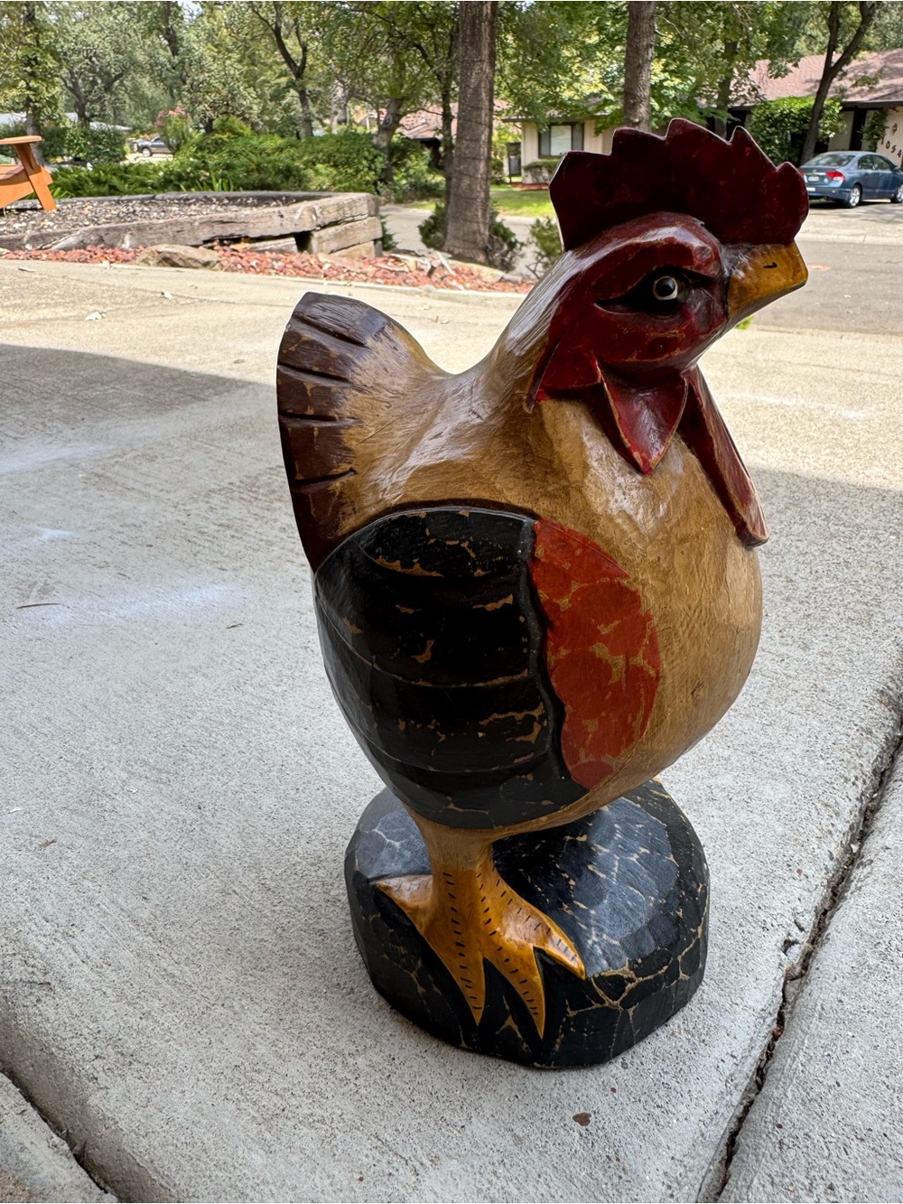Hand-Carved Wooden Rooster Statue - Rustic Red, Black & Natural
